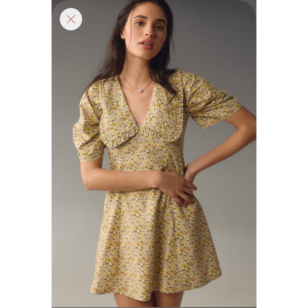 by Anthropologie Yellow Floral Ruffle Collar Puff Sleeve Mini Dress Size 6